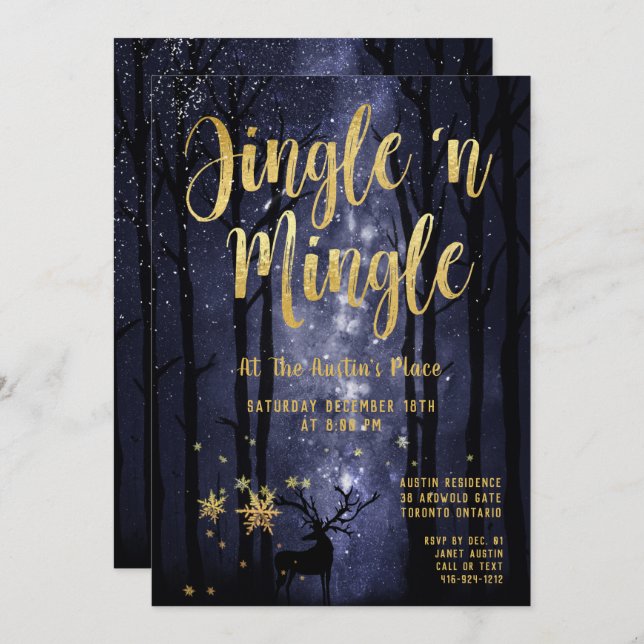 Convite Woodland Winter Jingle Mingle Dourado Holiday Part (Frente/Verso)