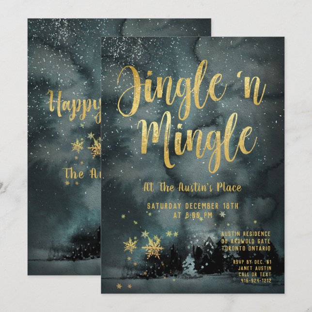 Convite Woodland Winter Jingle Mingle Dourado Holiday Part (Frente/Verso)