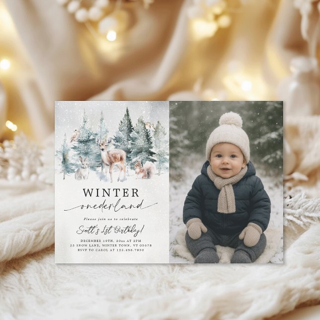Convite Woodland Winter Onederland 1st Birthday Photo (Criador carregado)