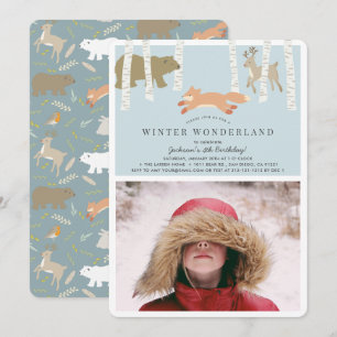 Convite Woodland Winter Wonderland Blue Photo Birthday