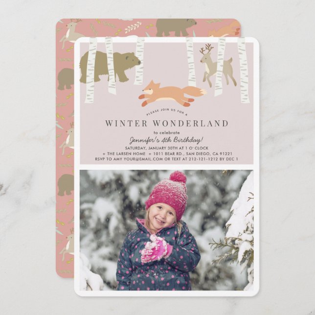 Convite Woodland Winter Wonderland Foto Rosa Birthday (Frente/Verso)