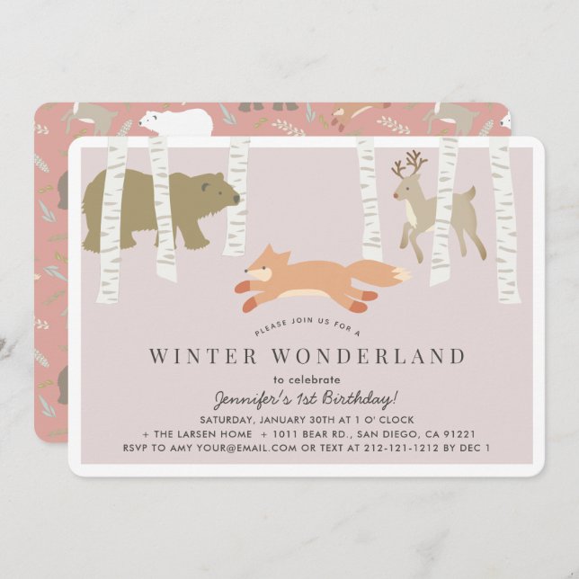 Convite Woodland Winter Wonderland Pink Girl Birday (Frente/Verso)