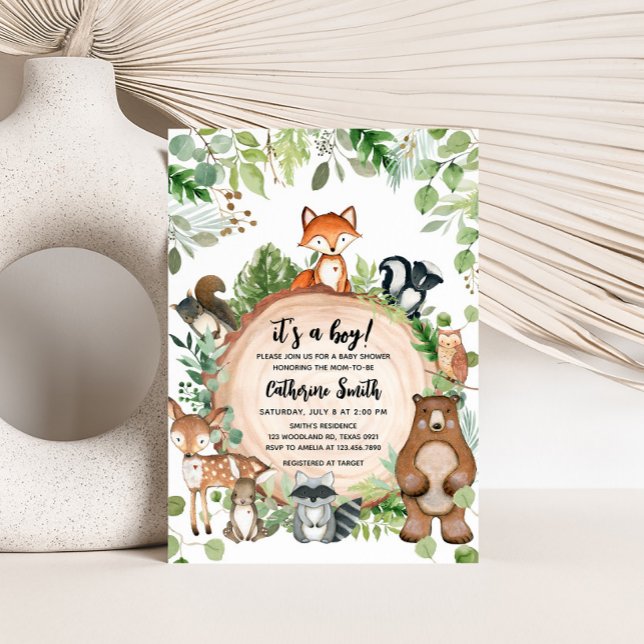 Convite Woodland Wood Slice Baby Shower (Woodland Animals Baby Shower Invitation)