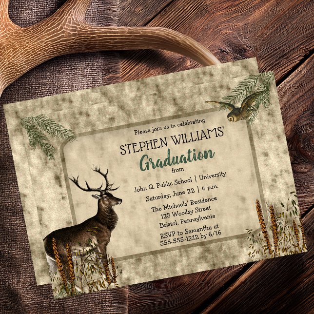 Convite Woodsy Rustic Deer | FESTA DE FORMATURA (Woodsy Rustic Deer and Owl Graduation Party Invitation -- Print | Digital Download)