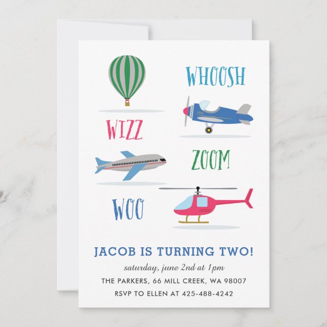 Convite Woosh Vroom Woo Air Kid's festa de aniversário (Frente)