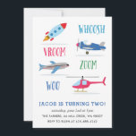 Convite Woosh Vroom Woo Space Rocket Kid<br><div class="desc">Um convite de aniversário de criança com um foguete, avião, helicóptero.</div>
