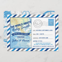 Convite World Awaits Baby Shower Invitation Blue Postcard