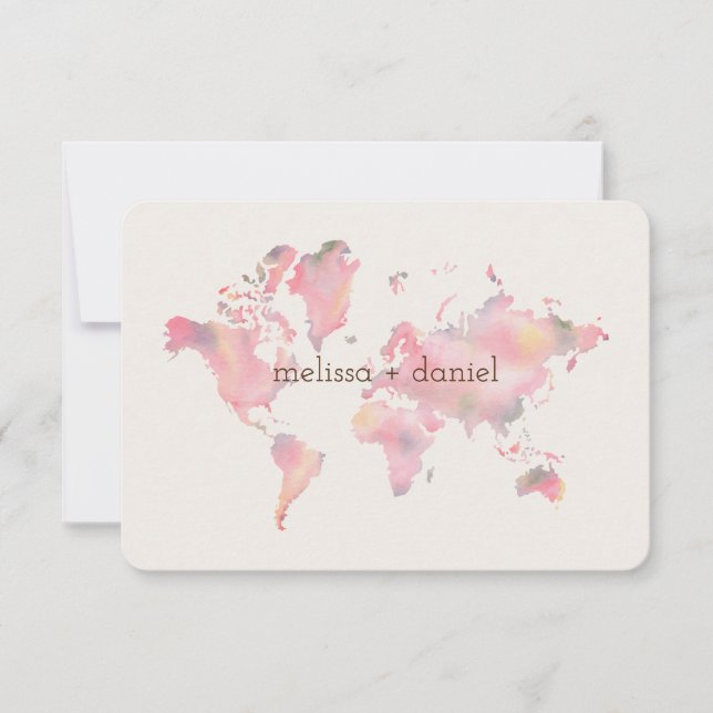 Convite World Map in Pink Shades for Wedding or Event (Frente)