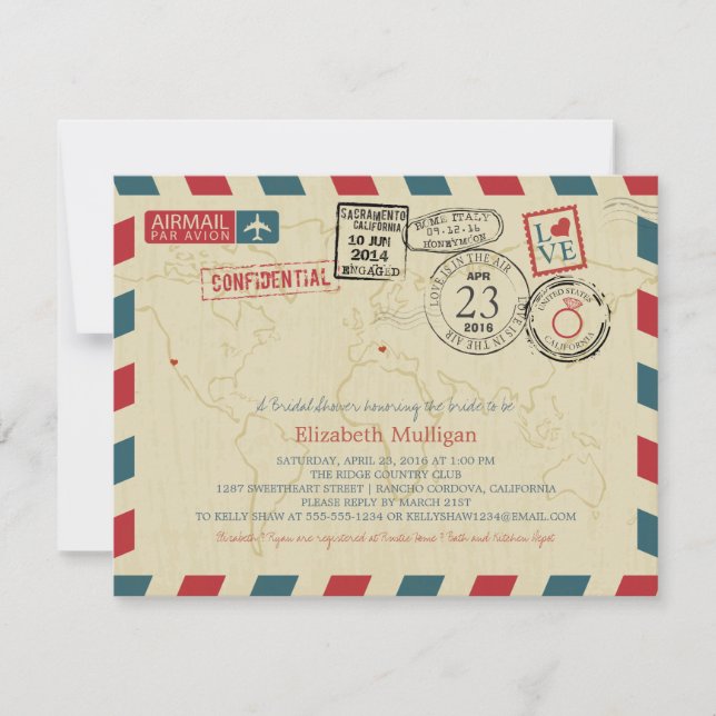 Convite World Traveler Airmail | Chá de panela da Califórn (Frente)