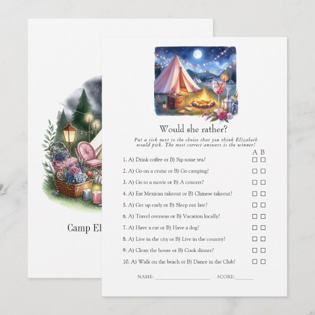 Convite Would She Rather Camp Bachelorette Weekend Game (Frente/Verso)