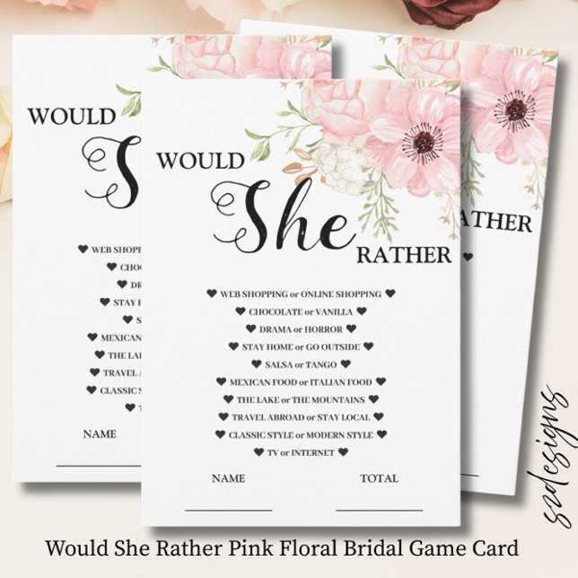 Convite Would She Rather Pink Floral Bridal Game  Card (Criador carregado)