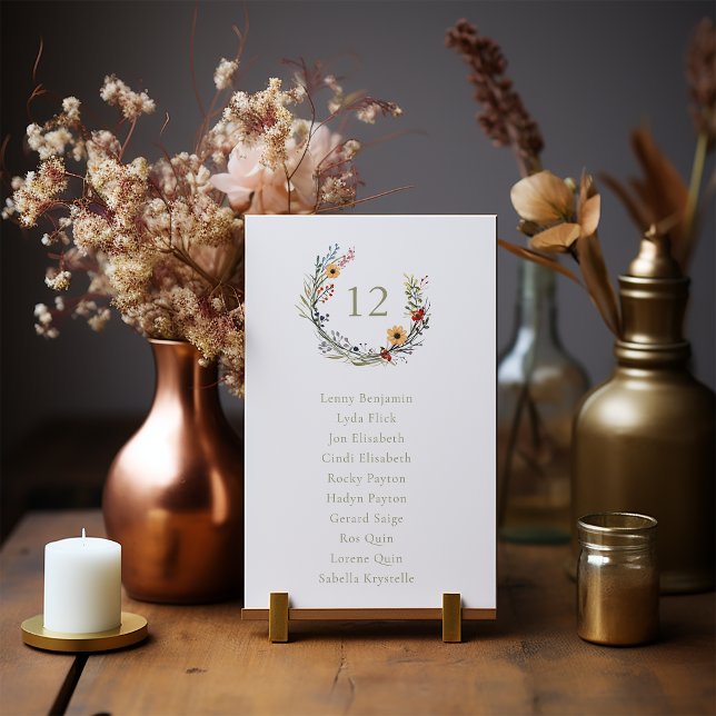 Convite Wreath de Casamento de Flores Selvagens (Exquisite Wildflowers Wedding Wreath Table Number Chart.)