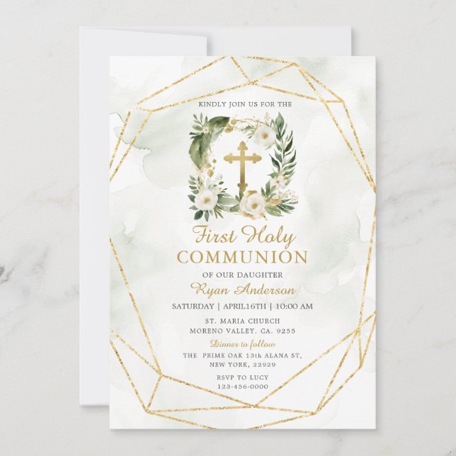 Convite Wreath Greenery White Roses Primeira Comunhão Sant (Frente)
