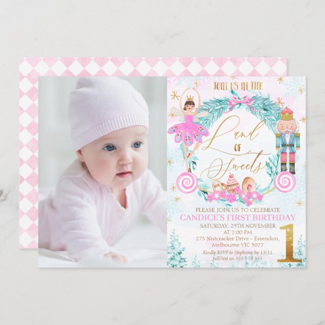 Convite Wreath Nutcracker Land of Sweets Foto Birthday (Frente/Verso)