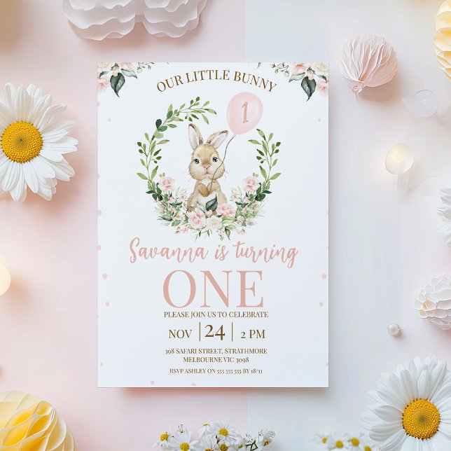 Convite Wreath Pink Coelho Floral primeiro aniversario (Bunny Themed 1st Birthday Invitation, Floral Some Bunny Birthday Invitation, Girls Bunny Invitation )
