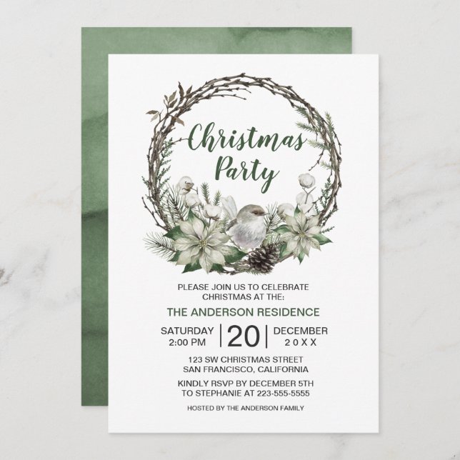 Convite Wreath Wreath Poinsettia e natal (Frente/Verso)