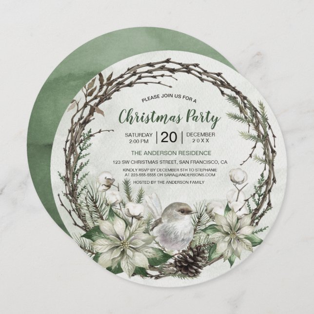 Convite Wreath Wreath Poinsettia e natal (Frente/Verso)