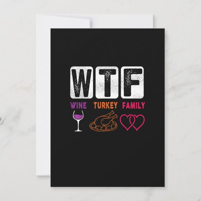 Convite WTF Wine Turkey Family Happy Graças Day Funge (Frente)