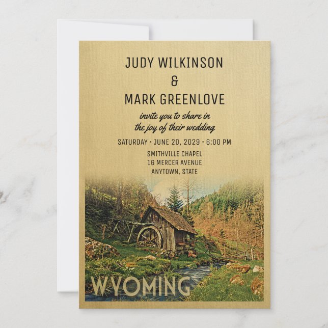 Convite Wyoming Wedling Invitation Rustic Cabin Mill (Frente)