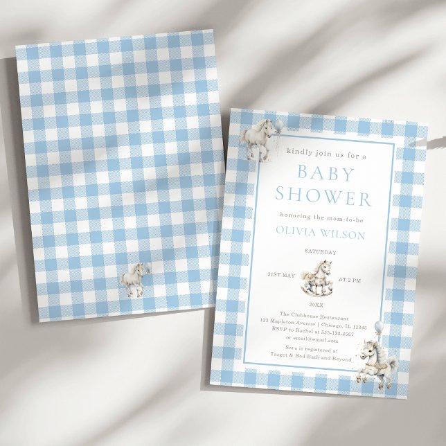 Convite Xadrez azul clássico, Chá de Bebê-Carneiro (Classic Baby Boy Blue Plaid Watercolor Rocking Horse Baby Shower Invitation)