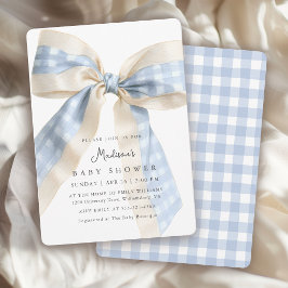 Convite Xadrez Azul Gingham com Laço Chamada de Festa de B