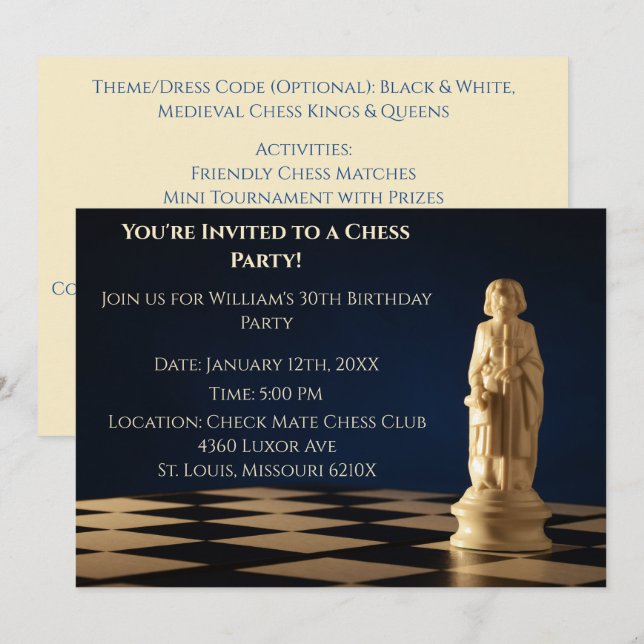 Convite Xadrez Bishop do Partido aniversário de 30 anos Az (Frente/Verso)