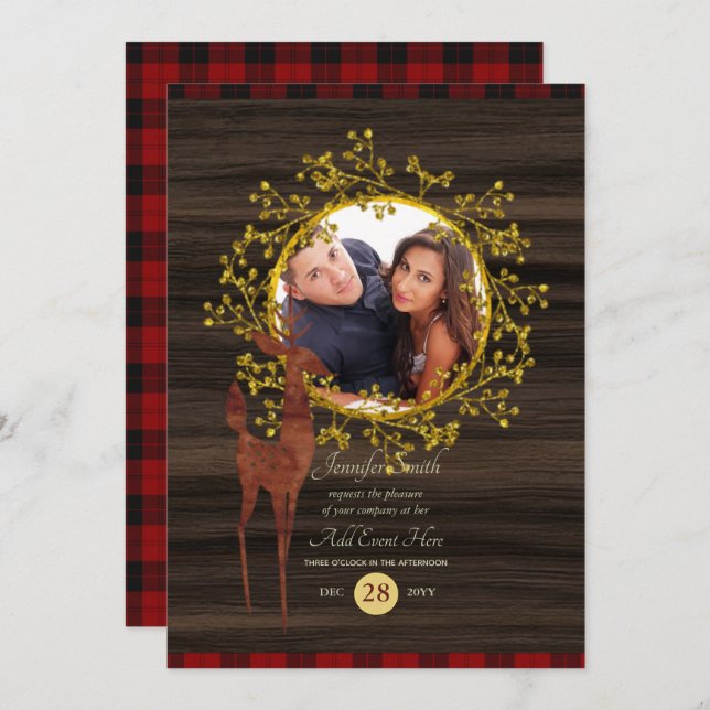 Convite Xadrez Búfalo Rústico Cervo FOTO QUALQUER EVENTO (Frente/Verso)