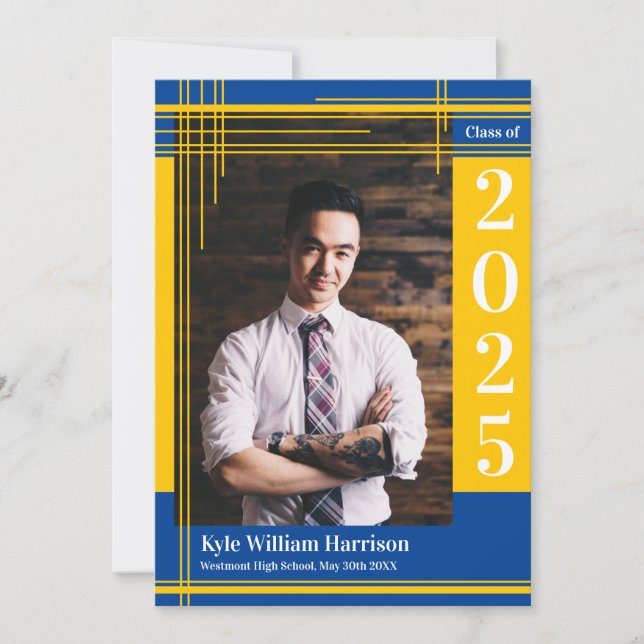 Convite Xadrez de Foto de Graduação de Cor Azul Dourada (Frente)