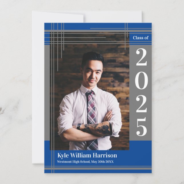 Convite Xadrez de Foto de Graduação de Cor da Escola Azul  (Frente)