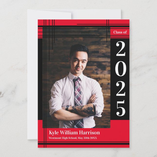 Convite Xadrez de Foto de Graduação de Cor da Escola Verme (Frente)