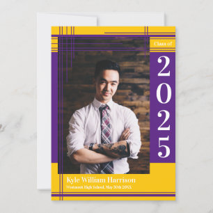 Convite Xadrez de Foto de Graduação de Cor Dourada Roxa