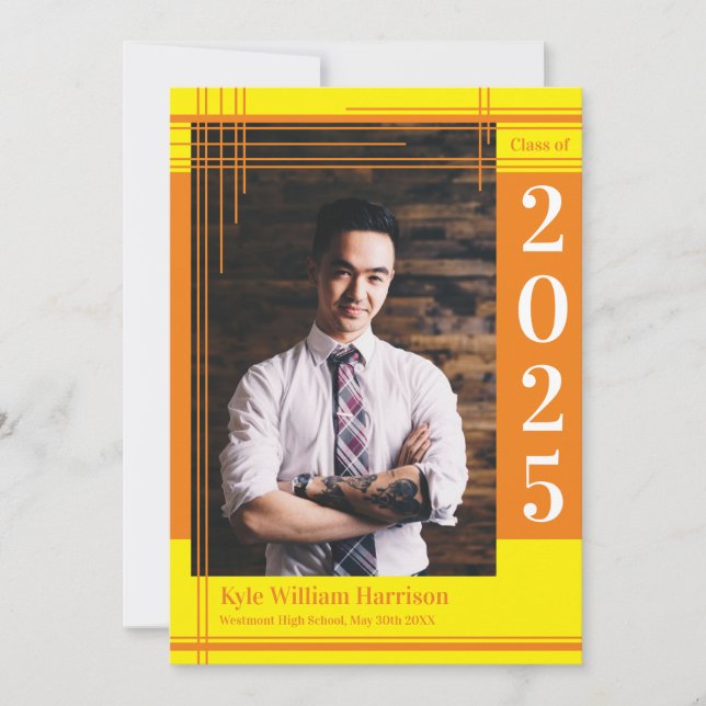 Convite Xadrez de Foto de Graduação de Cor Escola Amarela  (Frente)
