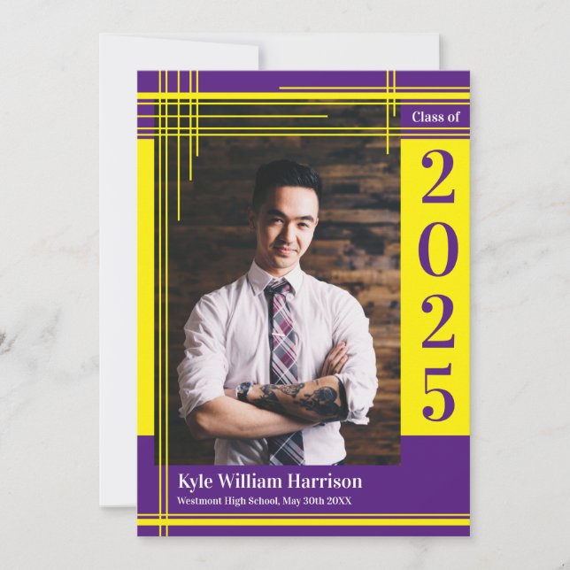 Convite Xadrez de Foto de Graduação de Cor Púrpura Amarela (Frente)