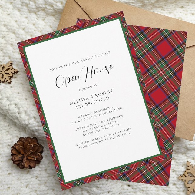 Convite Xadrez de Natal Open House Stewart Tartan Party (Rustic Plaid Christmas Open House Party Tartan Invitation)