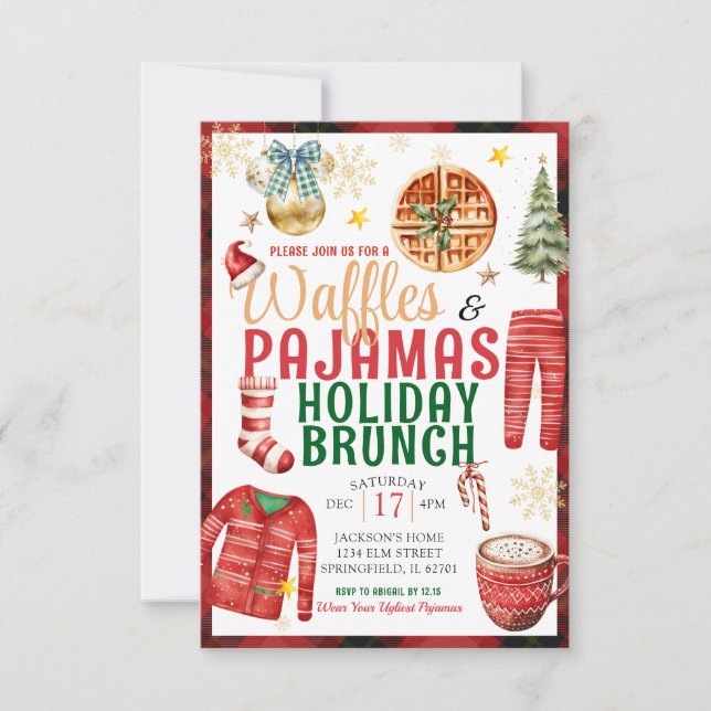 Convite Xadrez de Natal Waffle e Pajamas Holiday Brunch (Frente)