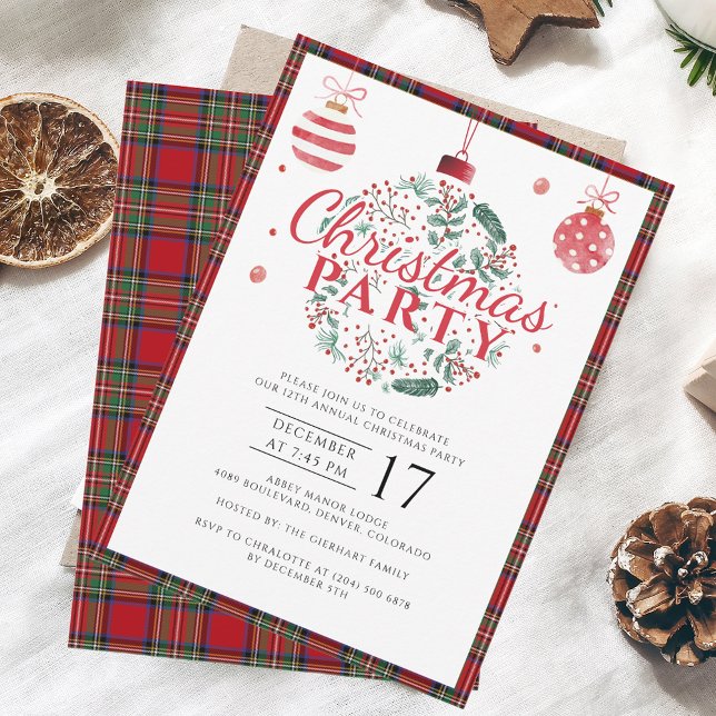 Convite Xadrez do Partido de Natal Elegante Stewart Tartan (Plaid Christmas Tartan Stewart Party Invitation)
