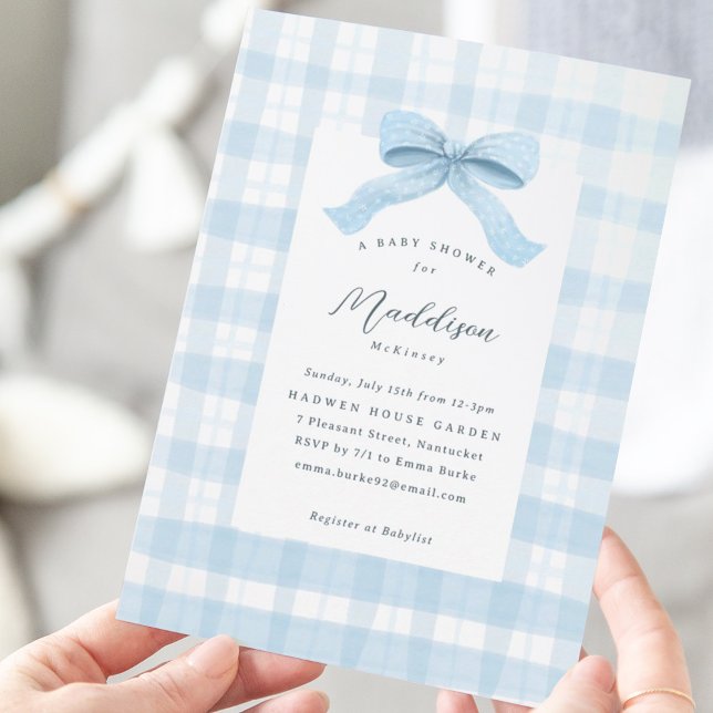 Convite Xadrez e Chá de fraldas de Arco azul (Darling Watercolor plaid with bow for Baby Boy Shower.)