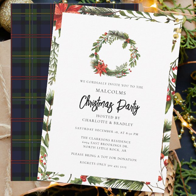 Convite Xadrez Floral Poinsettia Festa de Natal Tartan (Rustic Plaid Christmas Party Malcolm Tartan Invitation)