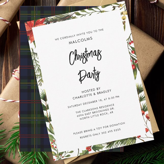 Convite Xadrez Floral Red Berries Festa de Natal Tartan (Rustic Tartan Red Berries Christmas Party Invitation)