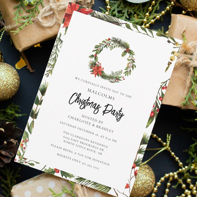 Convite Xadrez Floral Red Berries Festa de Natal Tartan (Rustic Christmas Holidays Botanical Red Berries Malcolm Tartan Party Invitation)