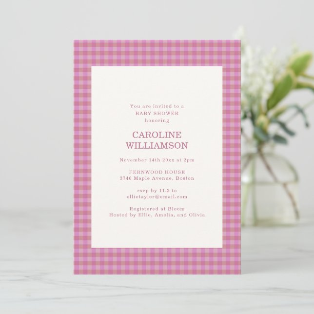 Convite Xadrez Gingham Rosa Malva Outono Chá de Bebê (Em pé/Frente)