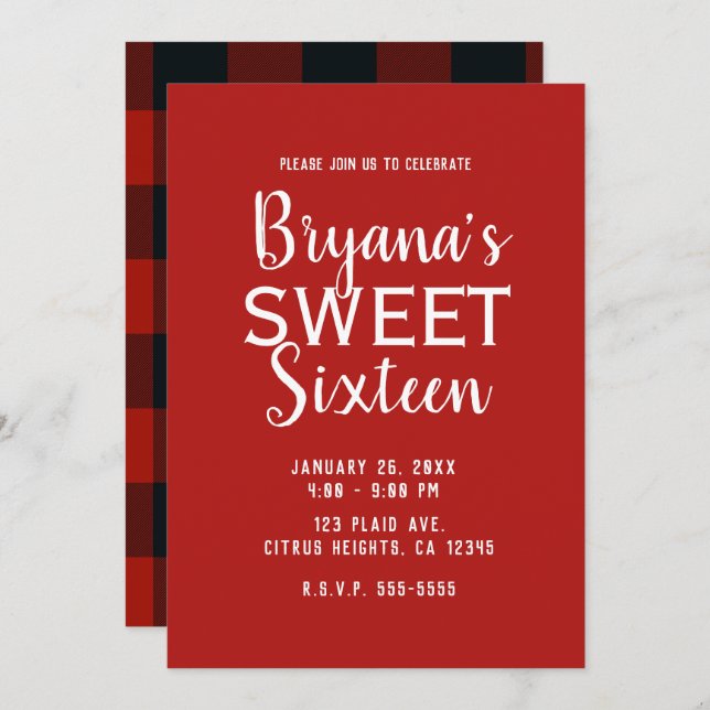 Convite Xadrez Red & Black Buffalo Doce 16 Festa de aniver (Frente/Verso)