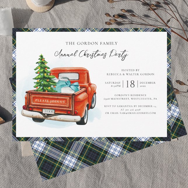 Convite Xadrez Red Truck Gordon Tartan Festa de Natal (Rustic Christmas Party Invitation with Red Truck Gordon Tartan)