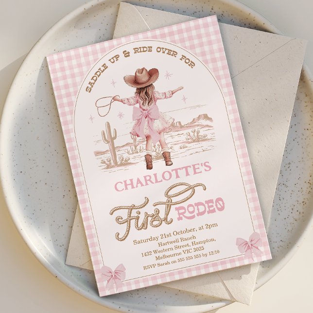Convite Xadrez Rosa Arcos Meninas Primeiro primeiro aniver (First Rodeo Birthday Invitation Template, Cowgirl  1st Birthday Invite, Rodeo 1st Birthday Girl)