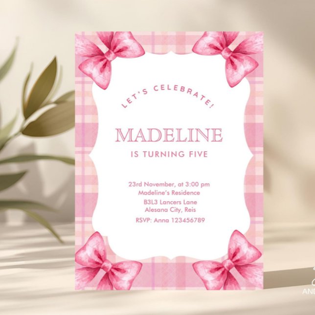 Convite Xadrez rosa-branca e Arco Coquette Girl Aniversári (Criador carregado)