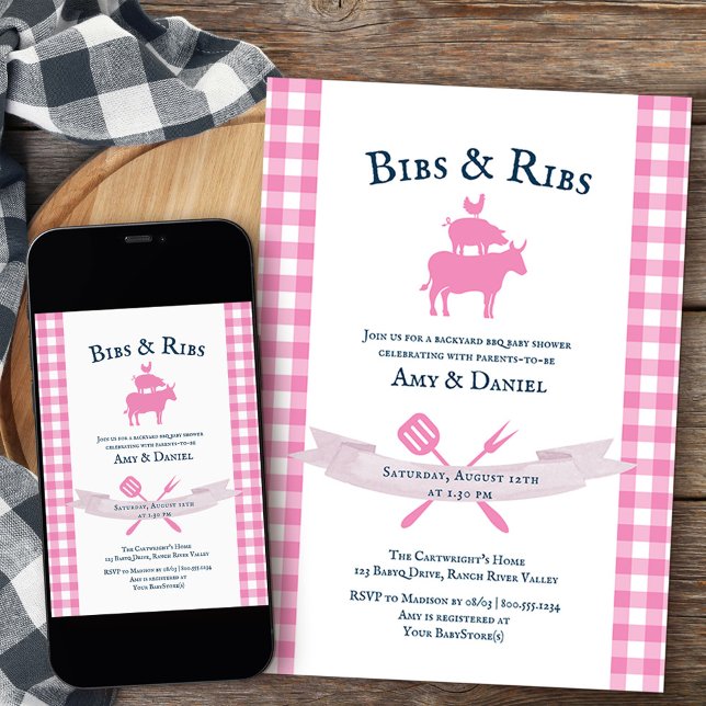 Convite Xadrez Rosa churrasco Russo do Chá de fraldas (Bibs & Ribs girls backyard bbq baby shower invite from my rustic farmhouse BBQ collection
)