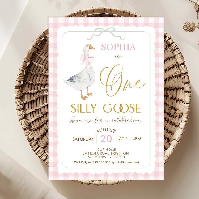 Convite Xadrez Rosa Quinta Um Bobo Gosta primeiro aniversa (Pink One Silly Goose 1st Birthday Invitation Template, Quaint Pink Plaid Goose First Birthday Invite)