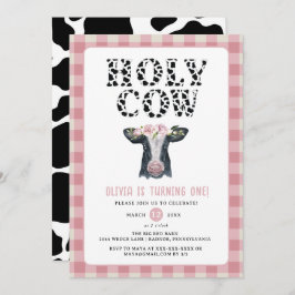 Convite Xadrez rosa Santa Vaca Primeiro Aniversário