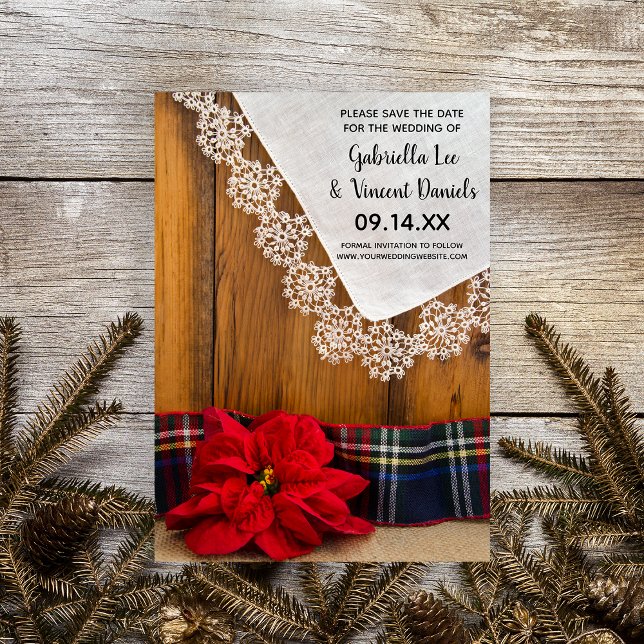 Convite Xadrez rustica de Poinsettia Vermelha inverno Salv (Set a natural yet festive tone for your rustic winter marriage ceremony and reception.)