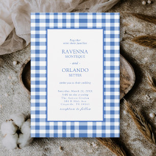 Convite Xadrez Rústico Azul Bebê Gingham Casamento